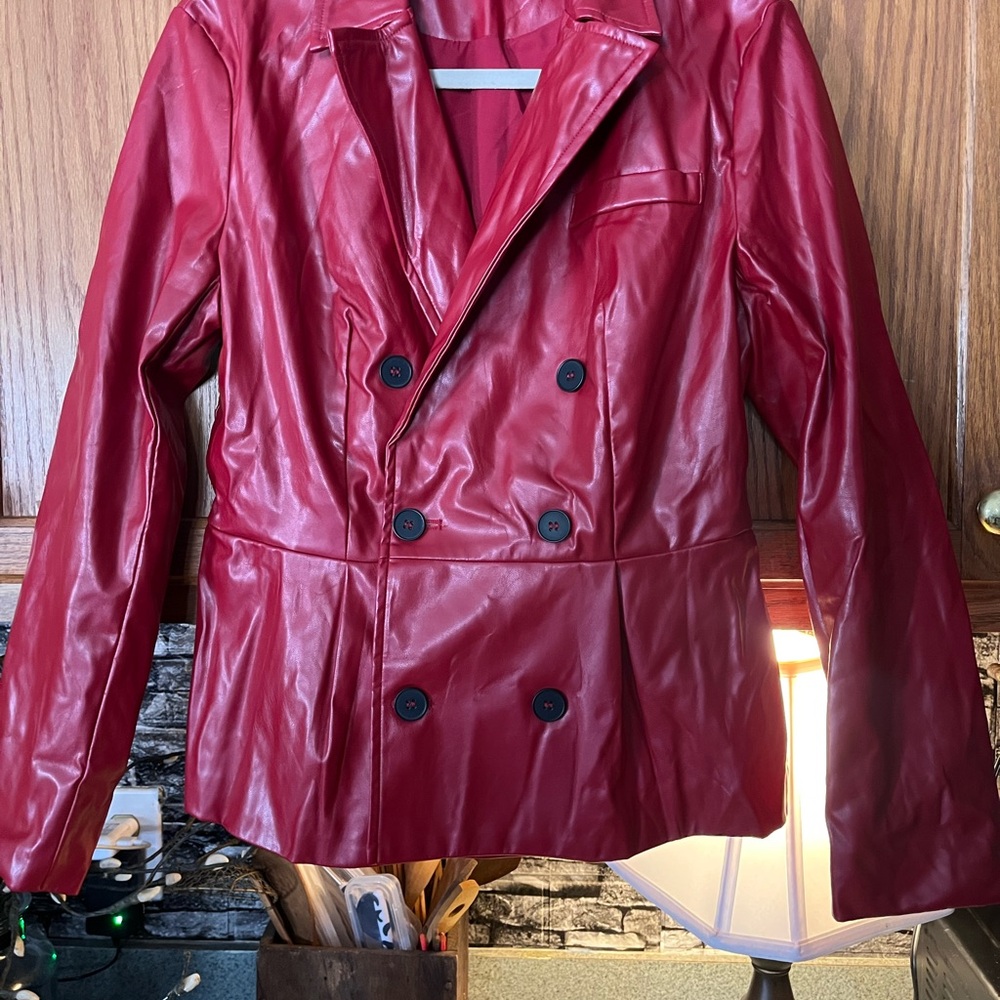 SHEIN Red faux Leather Double-Breasted Jacket